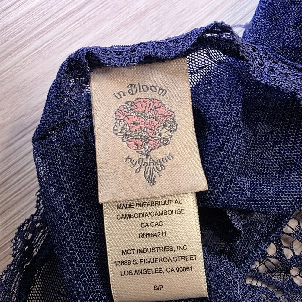 In Bloom by Jonquil Lace Teddy Bodysuit Small NWT Navy Blue Mesh Thong Lingerie